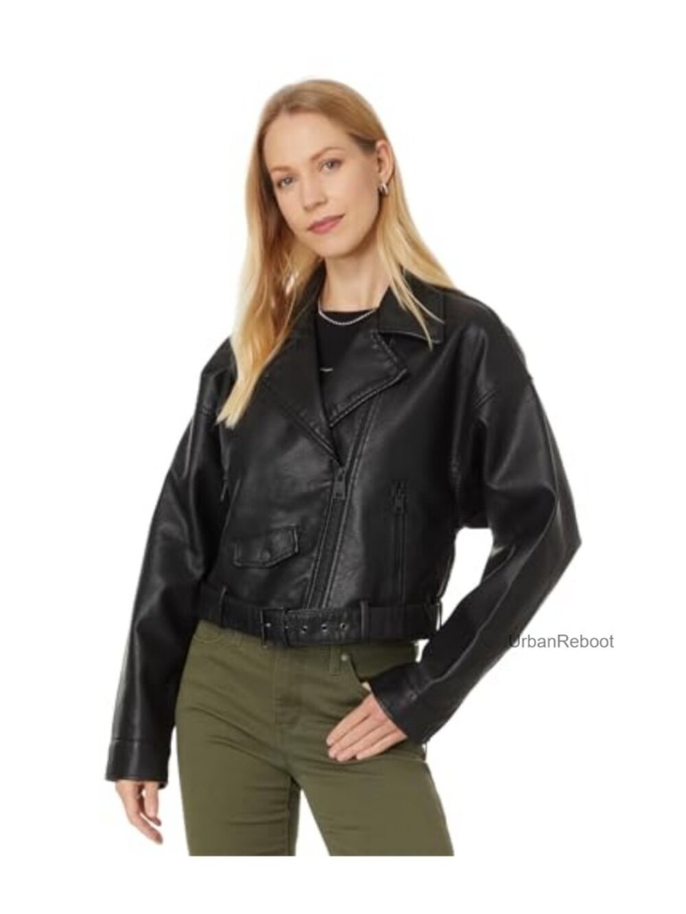 Faux Leather Cropped Moto Jacket with Removable Belt